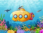 Submarino de dibujos animados bajo el agua | Vector Premium