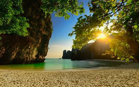 Nature Beach Thailand Sunset Island Sea Sand Trees Limestone