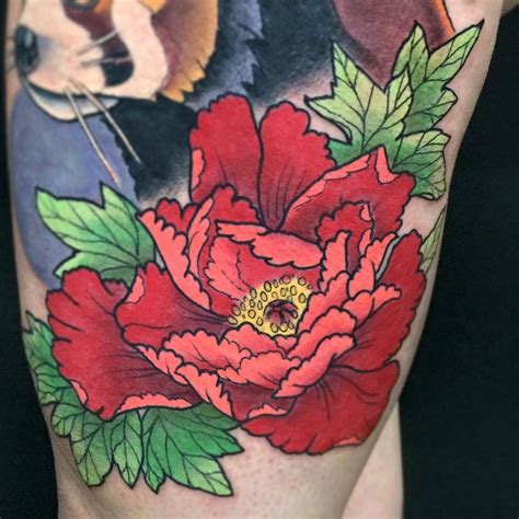 New School Style Red Peony Tattoo On The Left Thigh