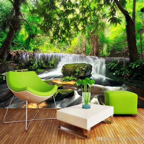 Dropship Custom 3d Photo Wallpaper Green Forest Waterfall Beautiful