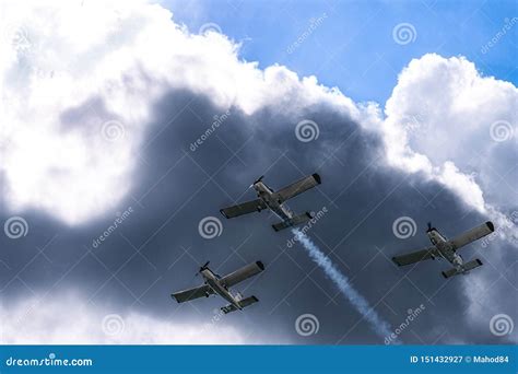 Airplanes On Airshow Aerobatic Team Performs Flight At Air Show In