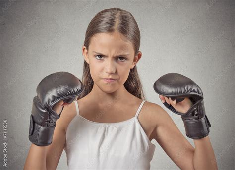 Aggressive Child Teenager Girl Wearing Boxing Gloves Stock Photo