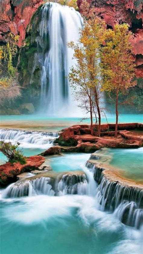 Nature Autumn Waterfall Landscape Iphone 8 Wallpapers Free