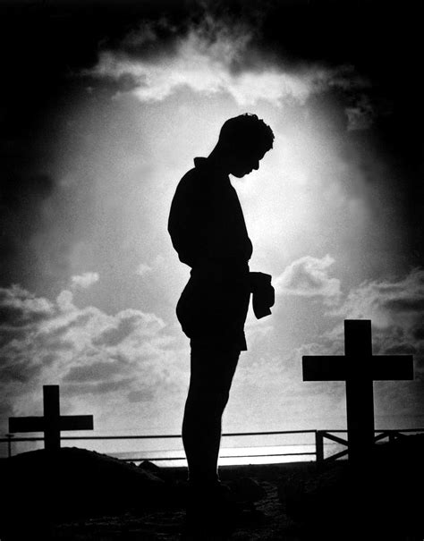 Silhouette Man Standing Cross 1944 World War Ii Soldier Grave