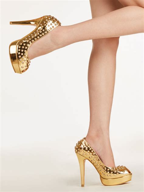 sexy high heels gold platform peep toe rivets stiletto heel pumps spike shoes for women