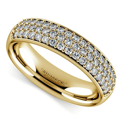 Three Row Pave Diamond Wedding Ring In Yellow Gold