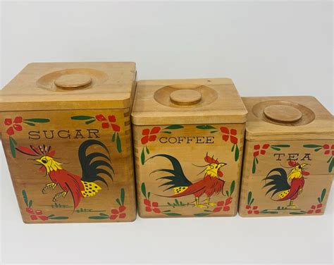 Vintage Wooden Canister Set Mid Century Kitchen Canisters Hand Painted