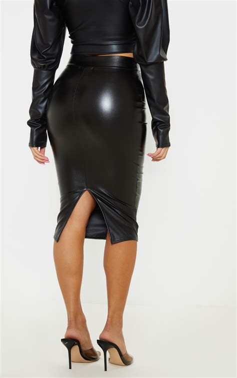 Petite Black Faux Leather Panel Midi Skirt Prettylittlething Ca