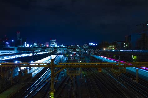 A Train At Ueno Station At Night Wide Shot Long Exposure Stock Image