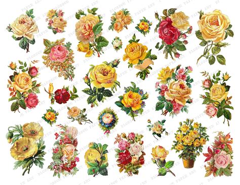 Yellow VINTAGE ROSES Collage Sheet Printable Flowers For Stickers