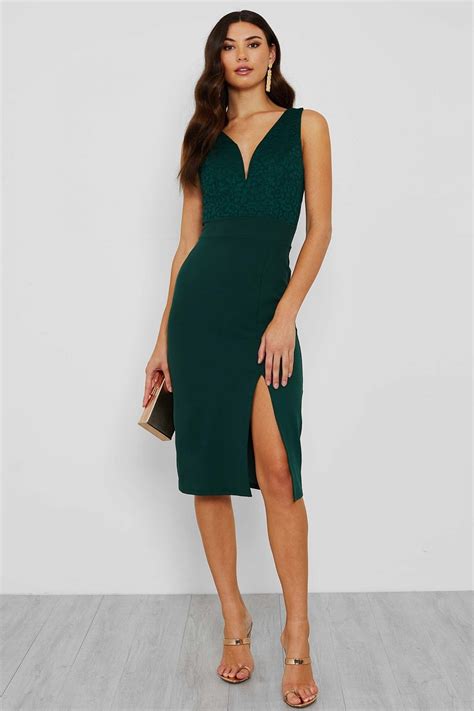 Isabella V Neck Plunge Neck Lace Forest Green Midi Dress Dresses From