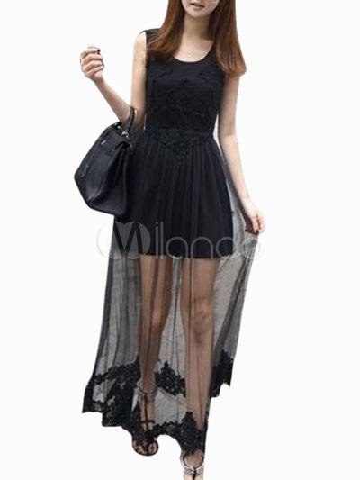 Sexy Black Sheer Lace Scoop Neck Maxi Dress