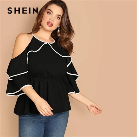 Buy Shein Plus Size Sexy Cold Shoulder Butterfly Sleeve Women Black Ruffle