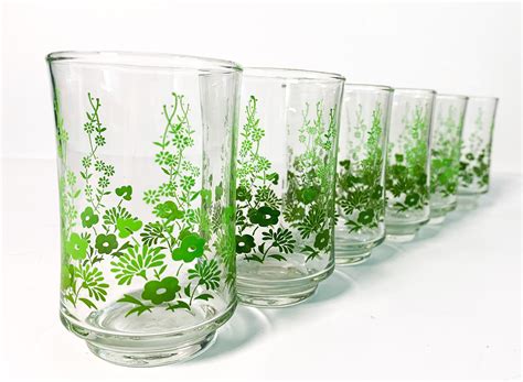 Vintage Set Of 6 Juice Glasses Libbey Green Flowers And Leaves Design