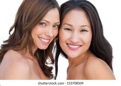 Smiling Beautiful Nude Models Posing Together Stock Photo