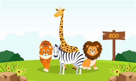 Zoo Cartoon Illustration With Safari Animals On Forest Background
