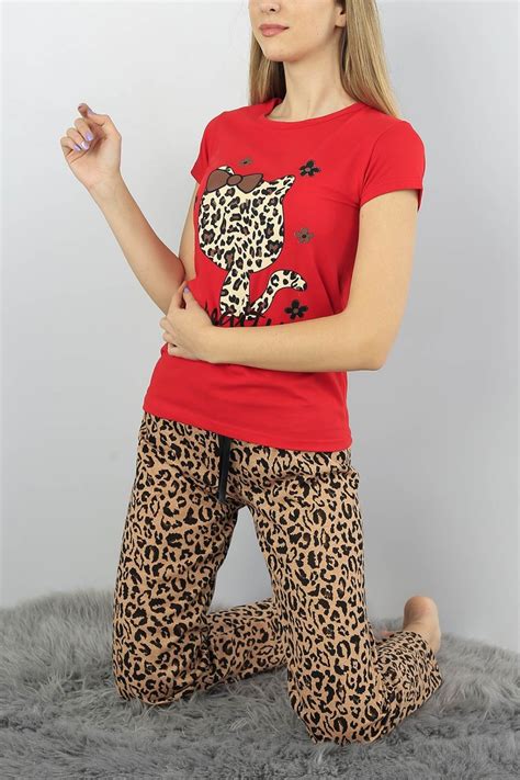 Kırmızı Baskılı Bayan Pijama Takımı 52065 Modamızbir Modamizbircom