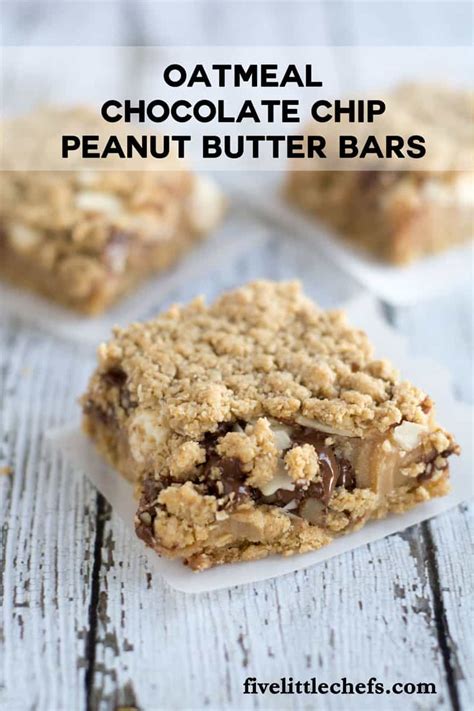 The recipe is vegan oatmeal chocolate chip bars are a breakfast option that tastes indulgent and will satisfy your sweet whereas traditional oatmeal chocolate chip cookie bars contain eggs, butter, and tons of refined. Oatmeal Chocolate Chip Peanut Butter Bars | Five Little Chefs