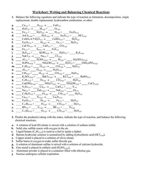 Types of reactions worksheet then balancing! Chemical Reactions Balancing Equations Worksheets