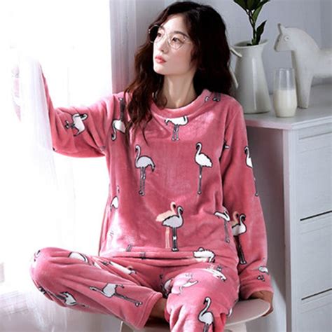 women s pajamas autumn and winter pajamas set women long sleeve sleepwear flannel warm lovely