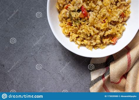 Large White Deep Bowl With Pilaf Rice With Vegetables National