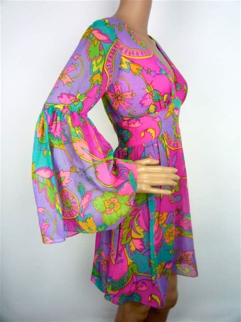 60s tropical psychedelic print mini dress with flared sleeves