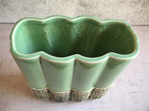 Vintage Mccoy Pottery Vase Green With Basket Weave Mccoy Vase Green