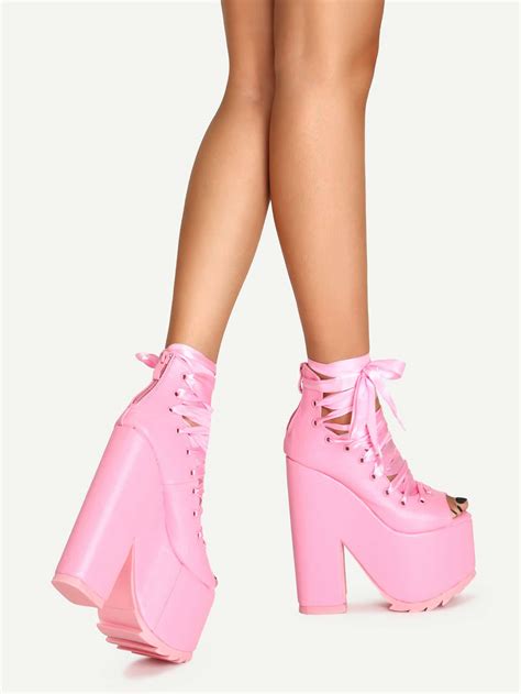 Pink Lace Up Platform Chunky Heel Shoes Sheinsheinside