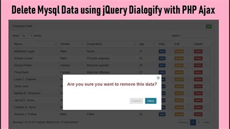 How To Delete Mysql Data Using Dialoy With Php Ajax Youtube