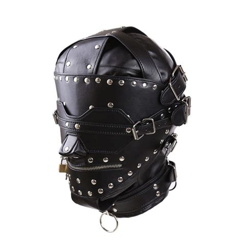 leather hood with blindfold full cover bondage hood bdsm mask head harness kit bdsm sex slave