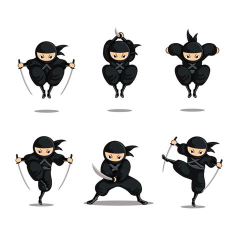 Premium Vector Cartoon Black Ninja Set Action With Jump