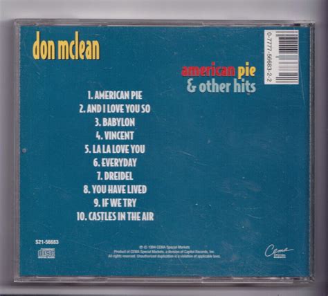Kw971 Don Mclean American Pie And Other Hits 1994 Cd Ebay