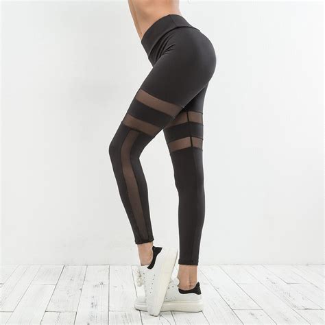 sexy mesh patchwork sports leggings women yoga pants fitness clothing black gym sportswear