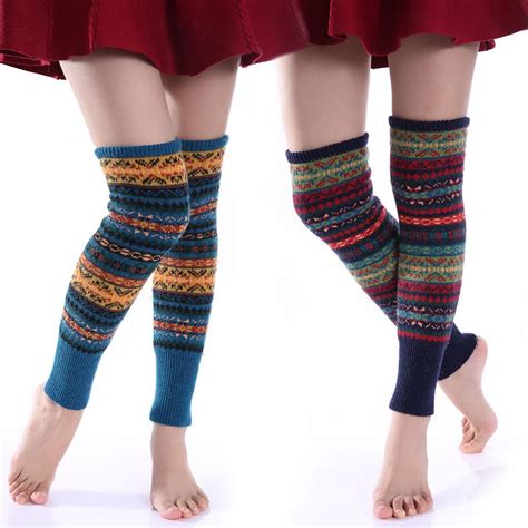 Vintage Floral Prints Women Knitted Leggings Over Knee Long Leg Warmers Knee High Winter Womens