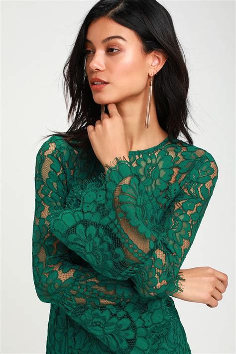 Enrapturing Elegance Green Lace Long Sleeve Midi Dress Chic Lace Dress Green Lace Dresses