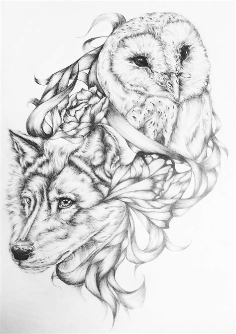 Owl And Wolf Wolf Drawing Tattoo Owl Tattoo Drawings Owls Drawing