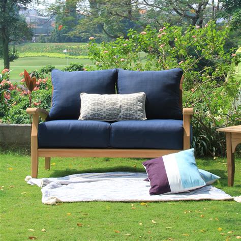 Caterina Teak Wood Outdoor Loveseat With Navy Cushion Patio Furniture