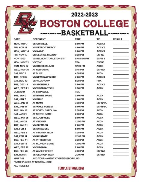 Printable 2022 2023 Boston College Eagles Basketball Schedule