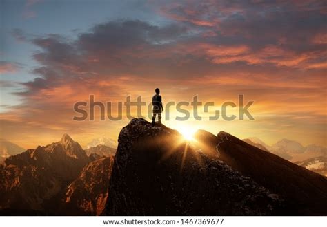 Man Standing On Top Mountain Sun Stock Photo Edit Now 1467369677