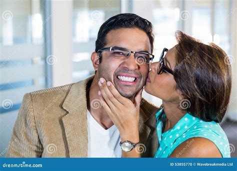 Beautiful Brunette Kissing Her Boyfriend Stock Photo Image Of