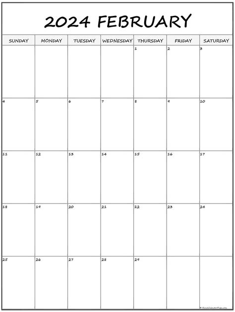 February 2024 Vertical Calendar Portrait Download Printable February