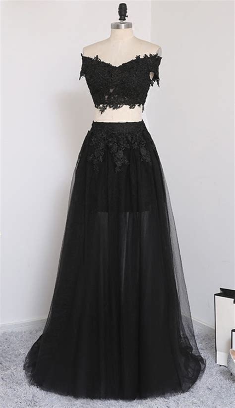 Black Two Piece Chic Prom Dresses 2018 Two Piece Tulle Prom Dresses