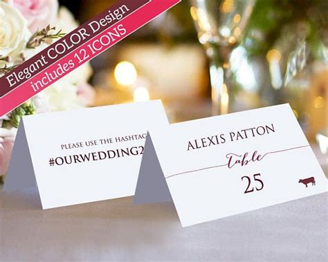 Double Sided Place Card With Meal Icons Template Hashtag Etsy Print