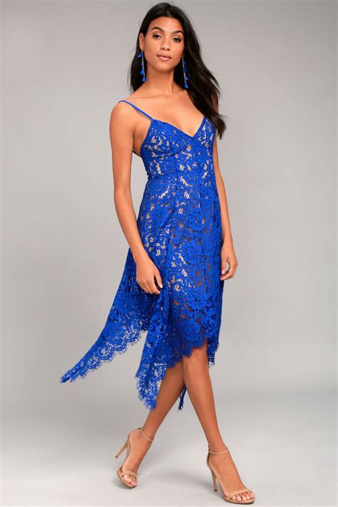Royal Blue Lace Dress Midi Dress Handkerchief Hem Dress