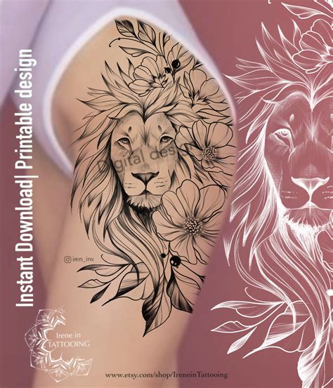 Lion And Flowers Tattoo Design Instant Download Original Print Graphic
