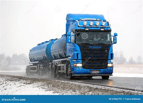 Blue Scania Tank Truck Trucking In Snowfall Editorial Photo Image Of