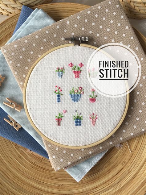 Completed Stitch Mini Flowers Cross Stitch Floral Counted Etsy
