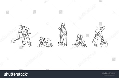 Construction Workers Hand Drawn Silhouette Outline Vetor Stock Livre