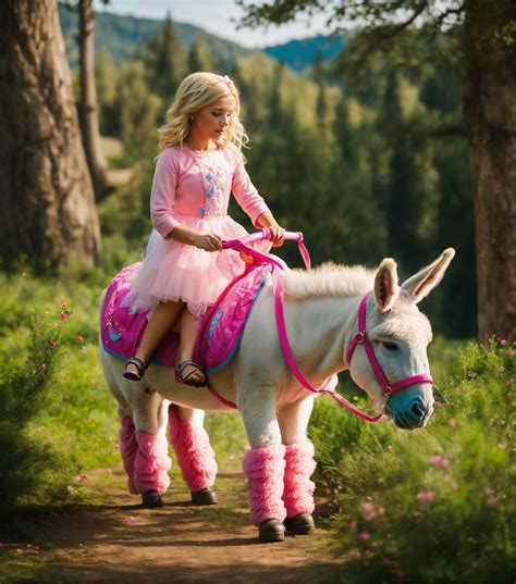 Lexica A Blonde Girl Rides A Pink Donkey In A Fairytale Land
