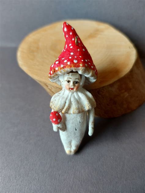 Set Of Two Mini Spun Cotton Mushroom Sculpture Christmas Decoration Fly